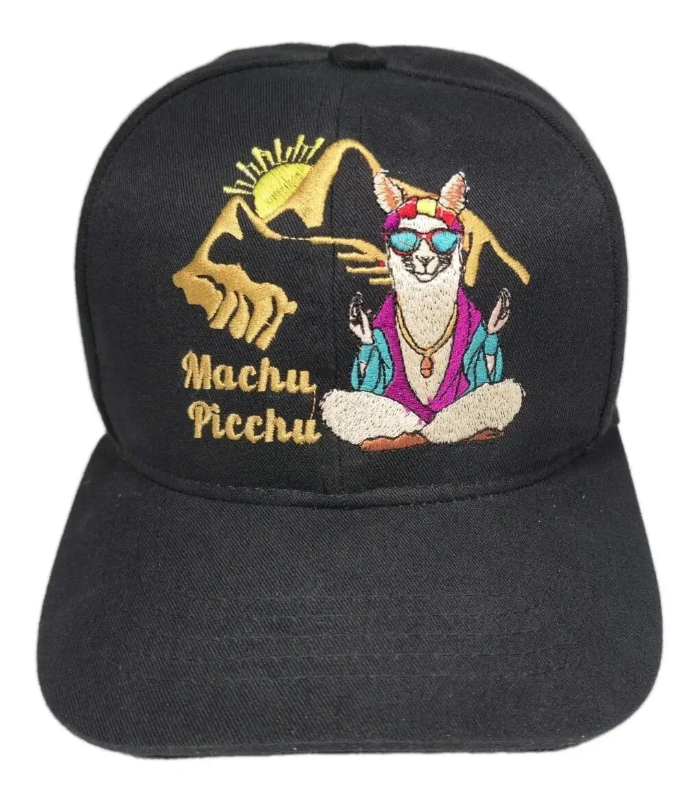 Machu Picchu Embroidered Black Strapback Hat Cap Meditating Llama Whimsical